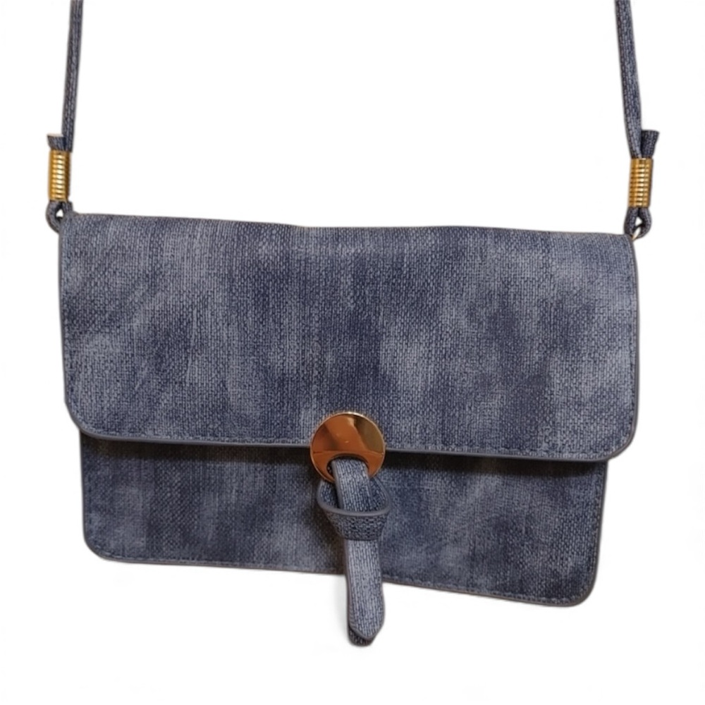 NWOT Ecosse Purse Small Blue Faux Leather Denim Look Handbag 3 Compartment Bag